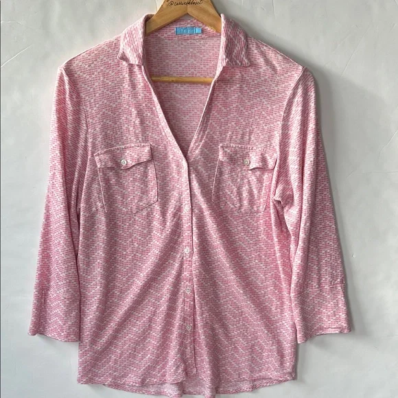 J. McLaughlin Brynn  Linen Blend Space Dye Pink Button-Up Top size L - Picture 2 of 6